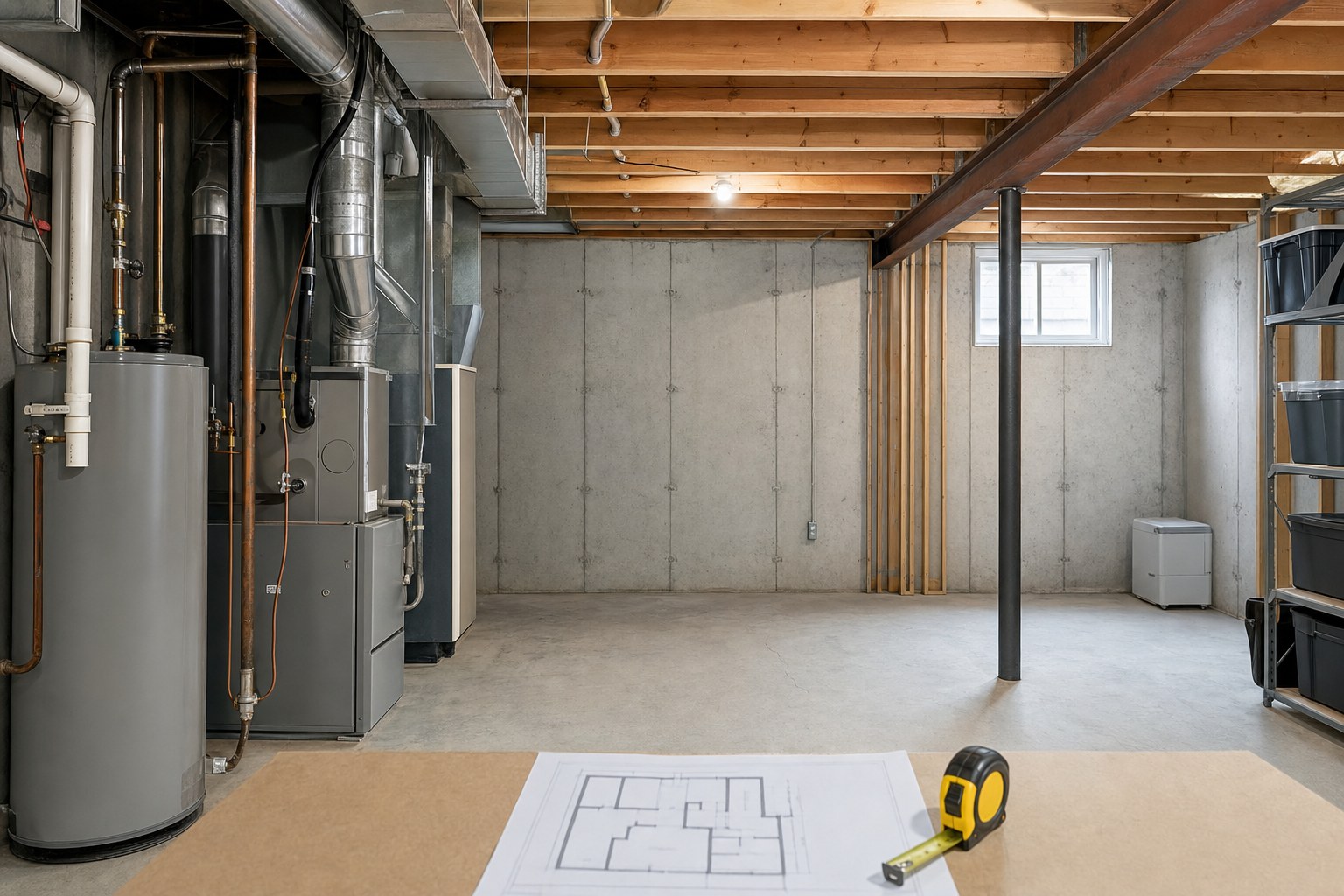 Unfinished basement with mechanical equipment and a floor plan being reviewed