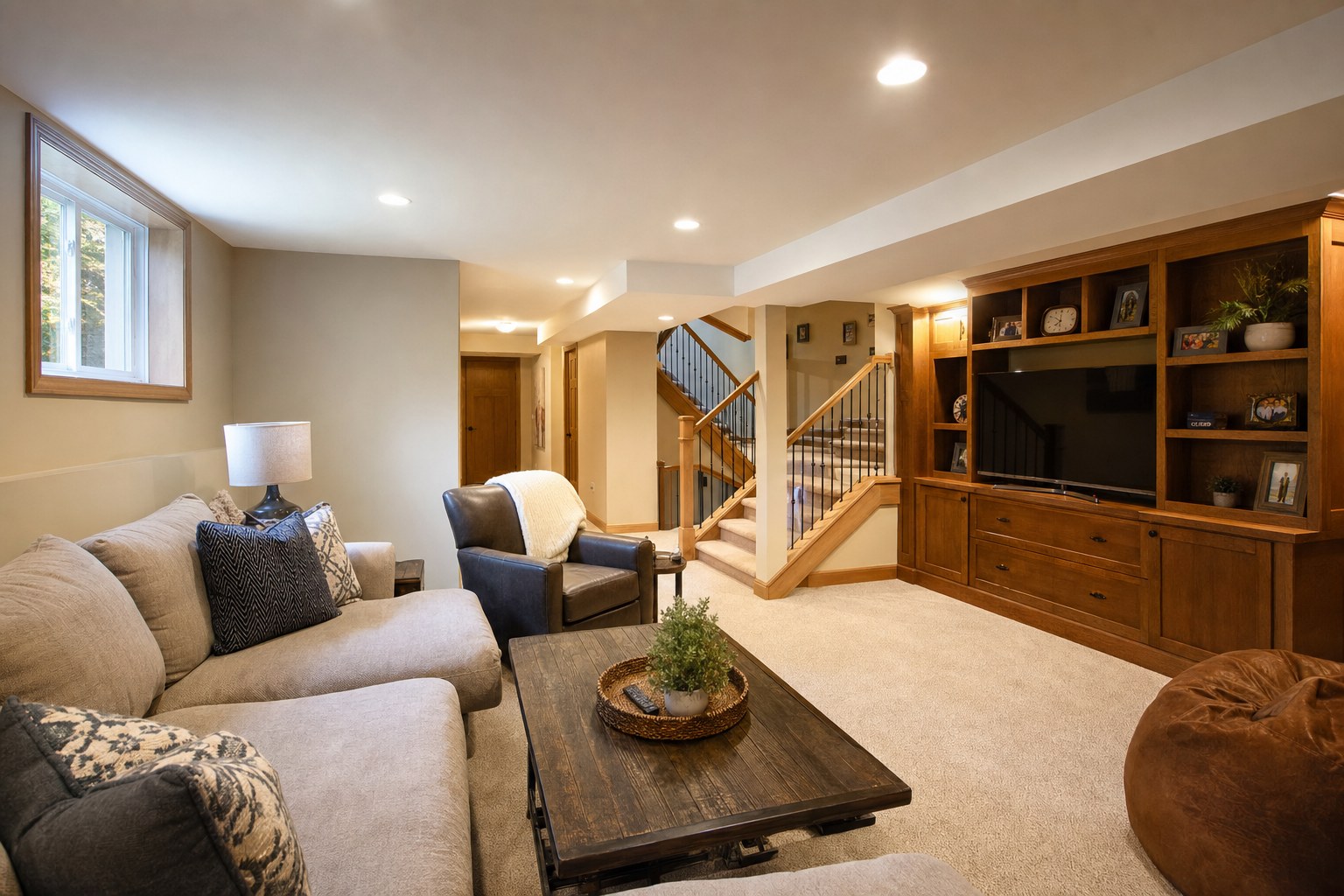 Finished basement family room with seating, built-in storage, and a stairway