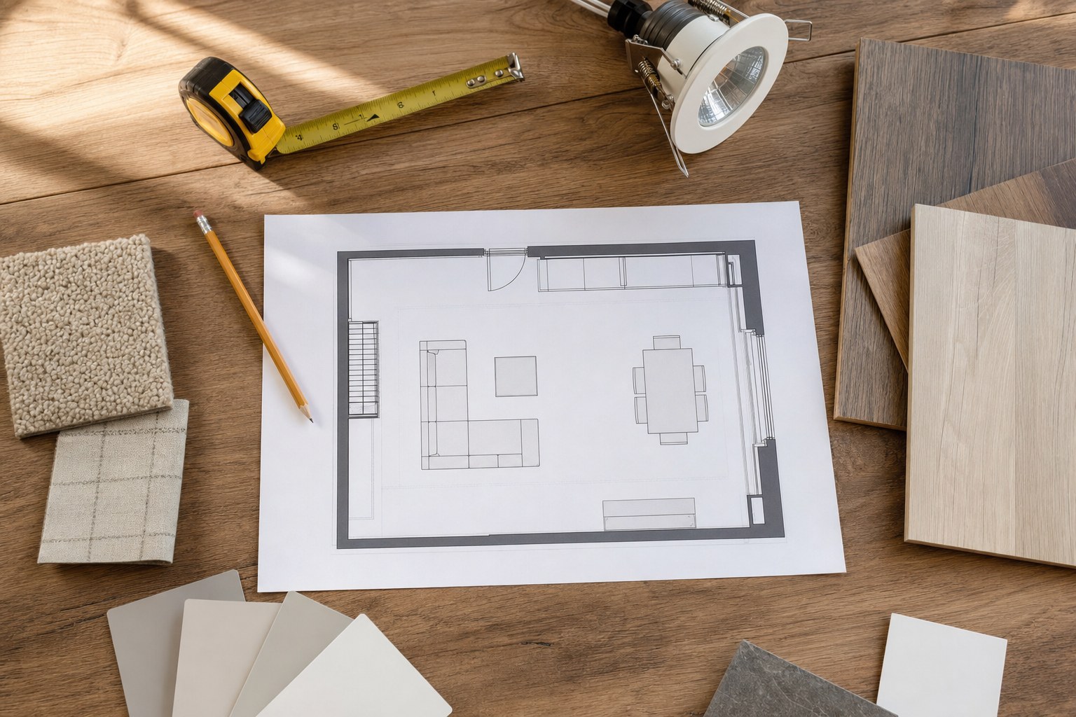 Basement floor plan with lighting fixture, tape measure, and finish samples