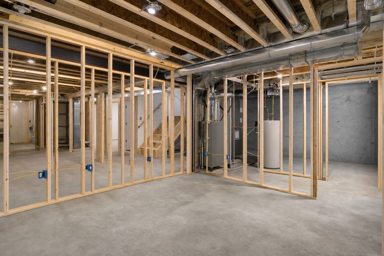 Basement framing, electrical boxes, and ductwork before drywall