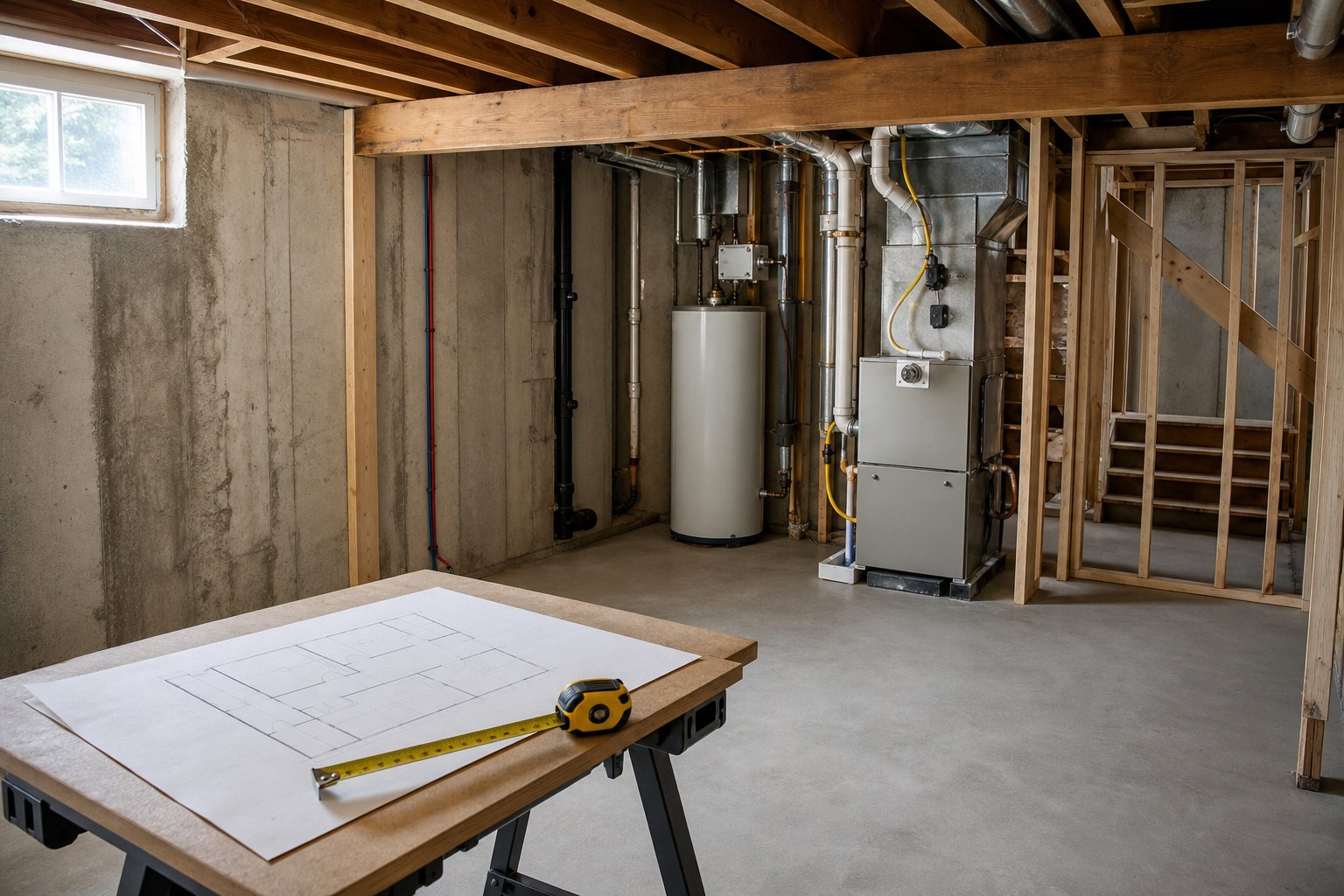 Unfinished basement being assessed with accessible utilities, a floor plan, and a tape measure