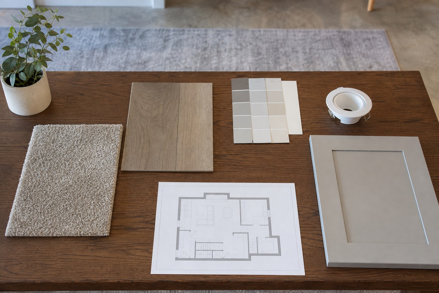 Basement finish selections including flooring, carpet, tile, lighting trim, cabinet sample, and a layout drawing