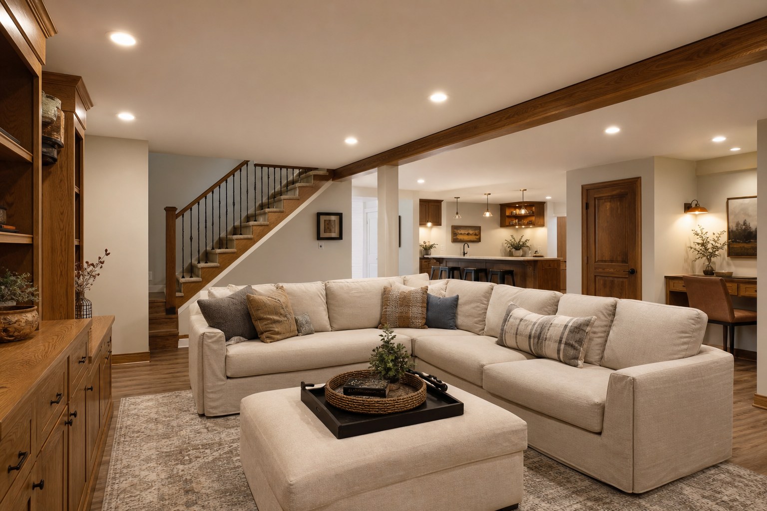 Warm finished basement family room with seating, storage, and layered lighting