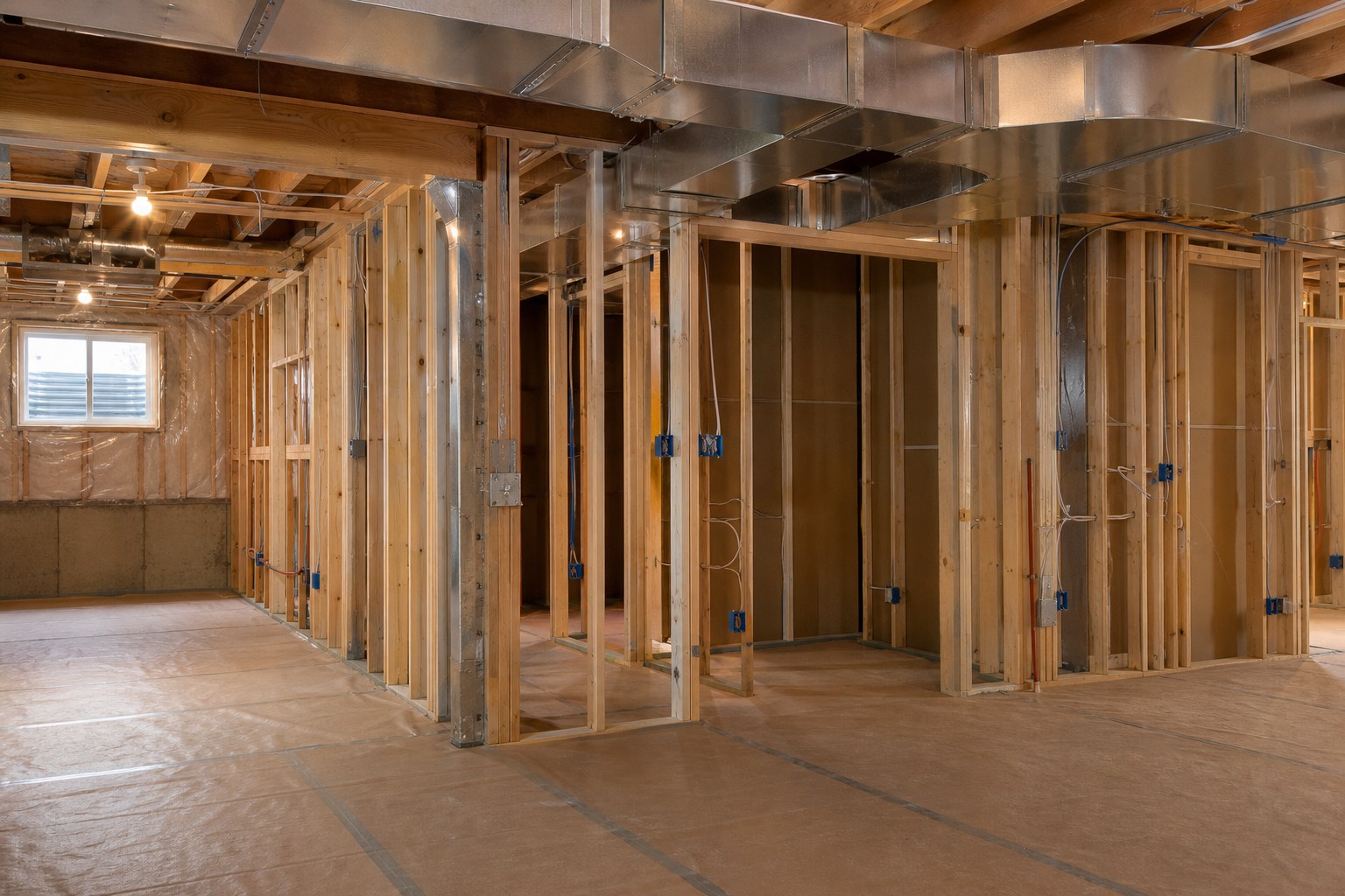 Basement renovation rough-in with framed walls, electrical boxes, and ductwork before drywall