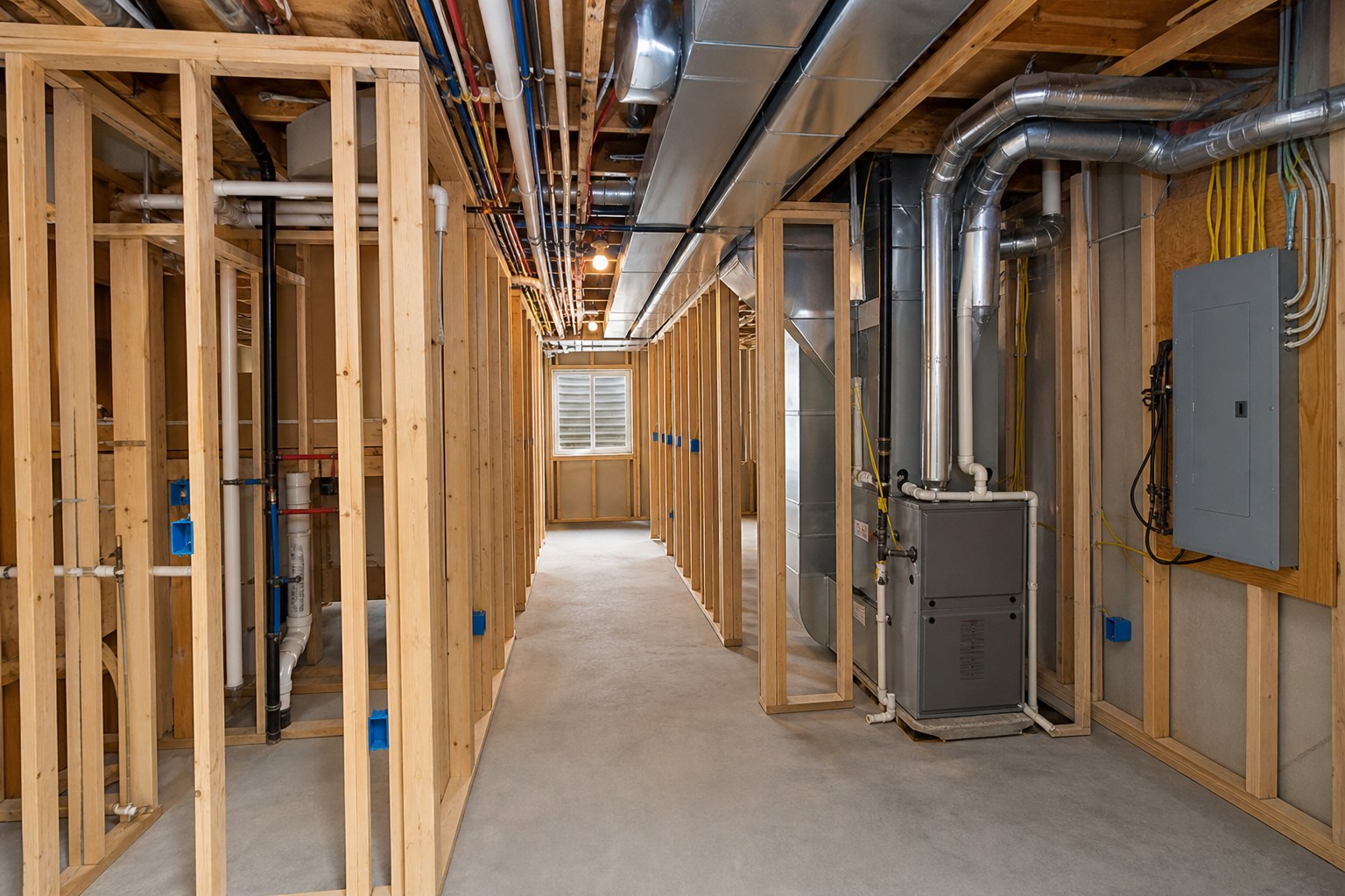 Basement rough-in with framed walls, electrical boxes, plumbing, ductwork, furnace, and panel access