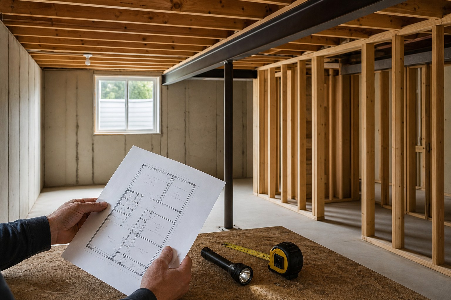 Unfinished basement with a steel support beam, framed walls, a floor plan, and a tape measure