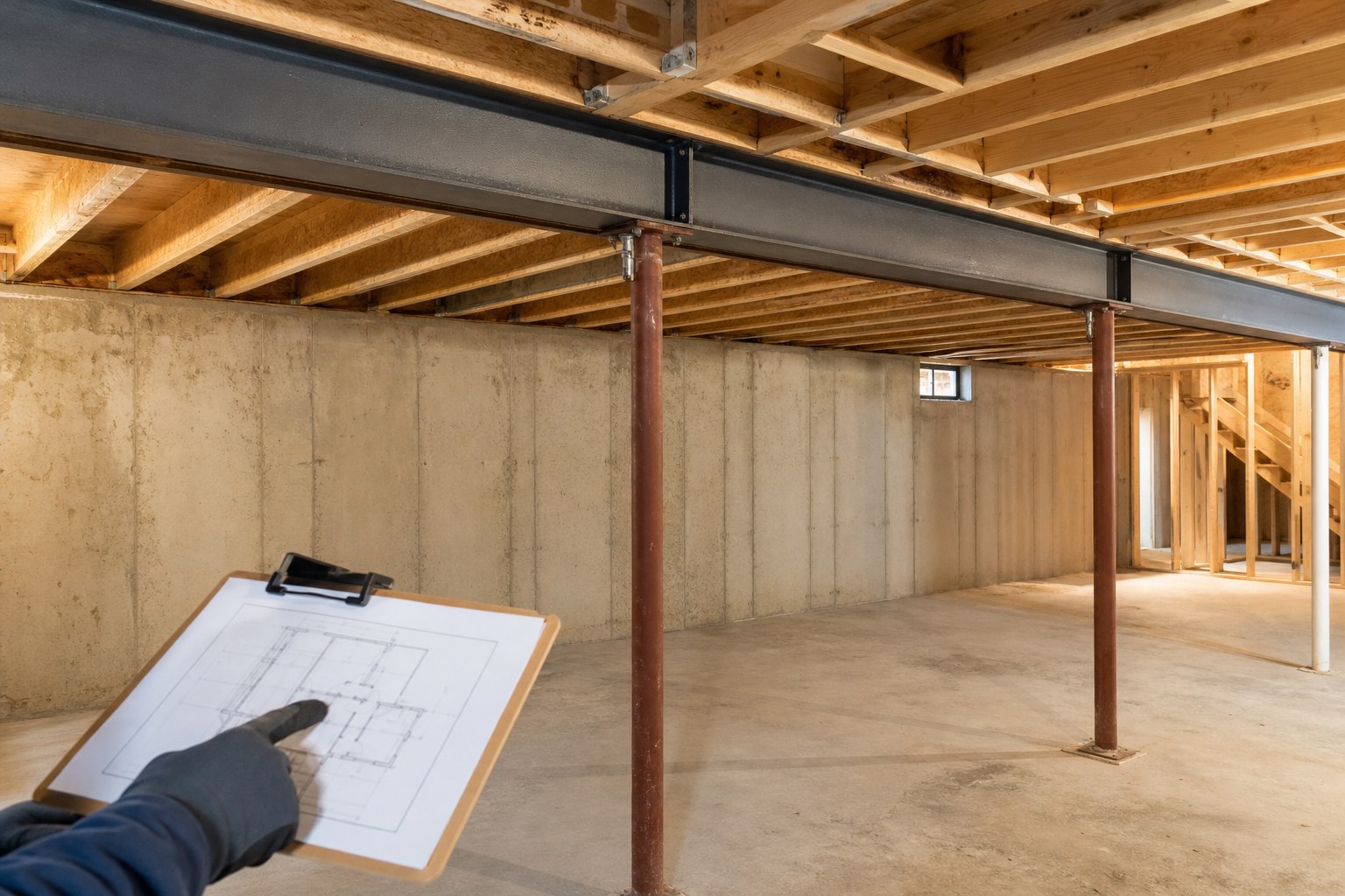 Unfinished basement structure with a steel beam, support columns, and a floor plan being reviewed