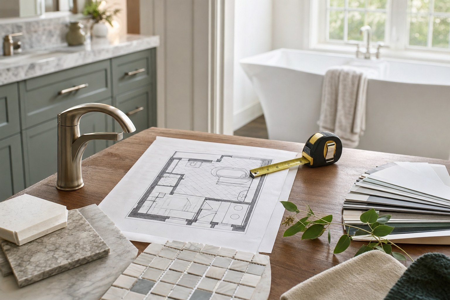 Bathroom floor plan with tile samples, faucet, and measuring tape