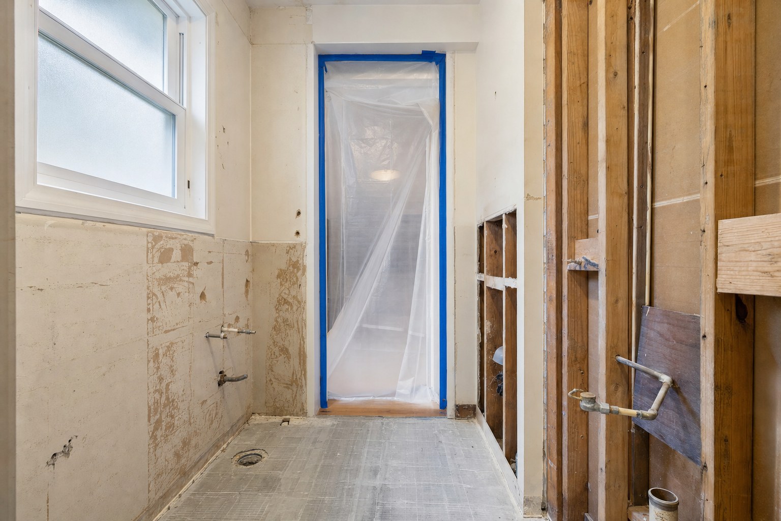 Bathroom after demolition with a protected doorway and exposed plumbing wall