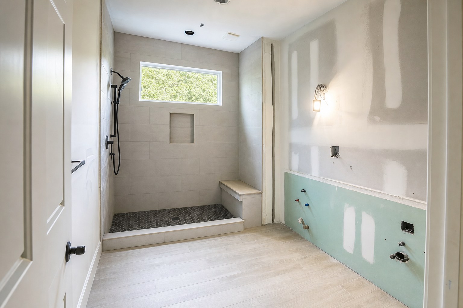 Bathroom renovation in progress with a tiled shower and open vanity wall