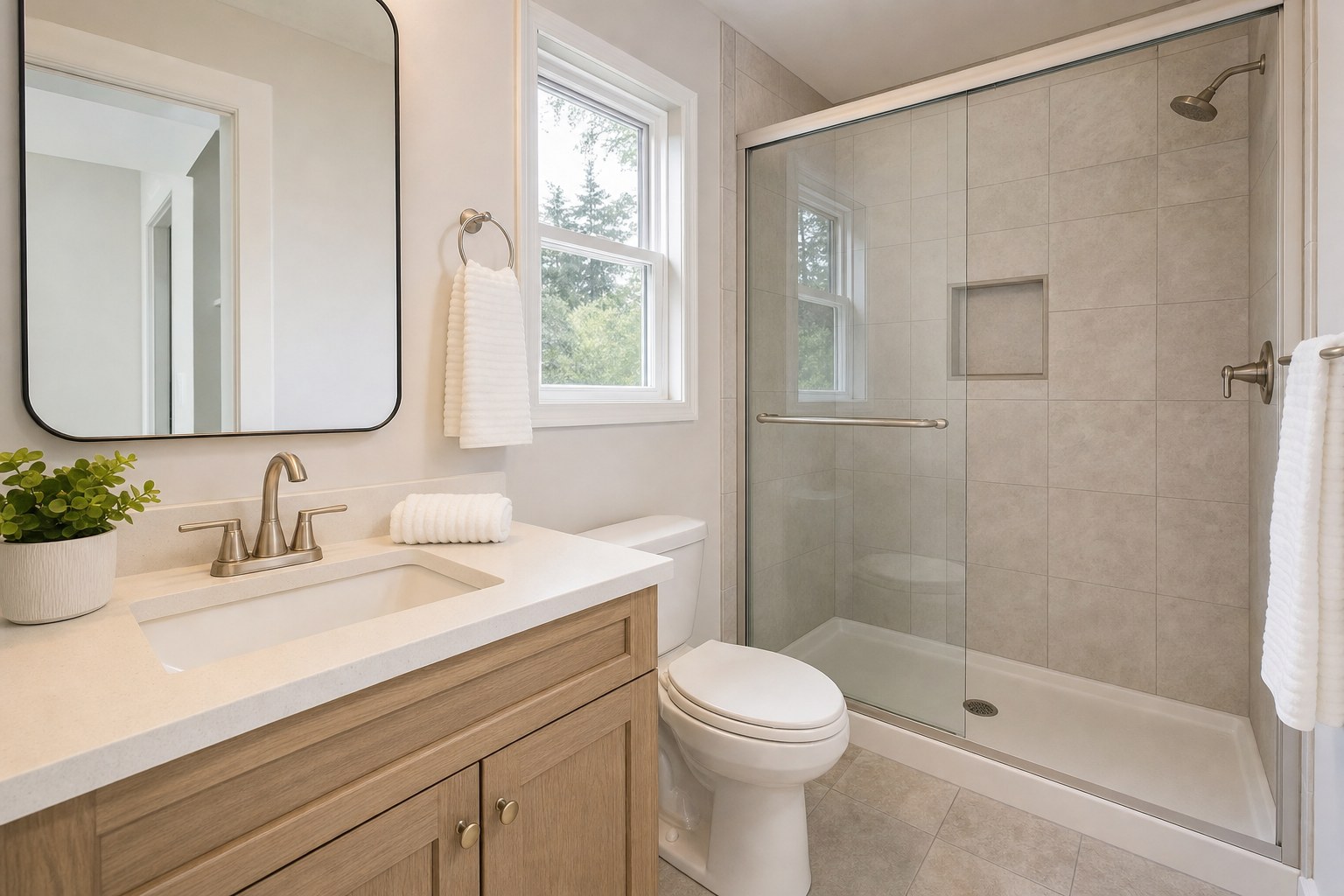 Finished bathroom with a wood vanity, glass shower, and neutral tile