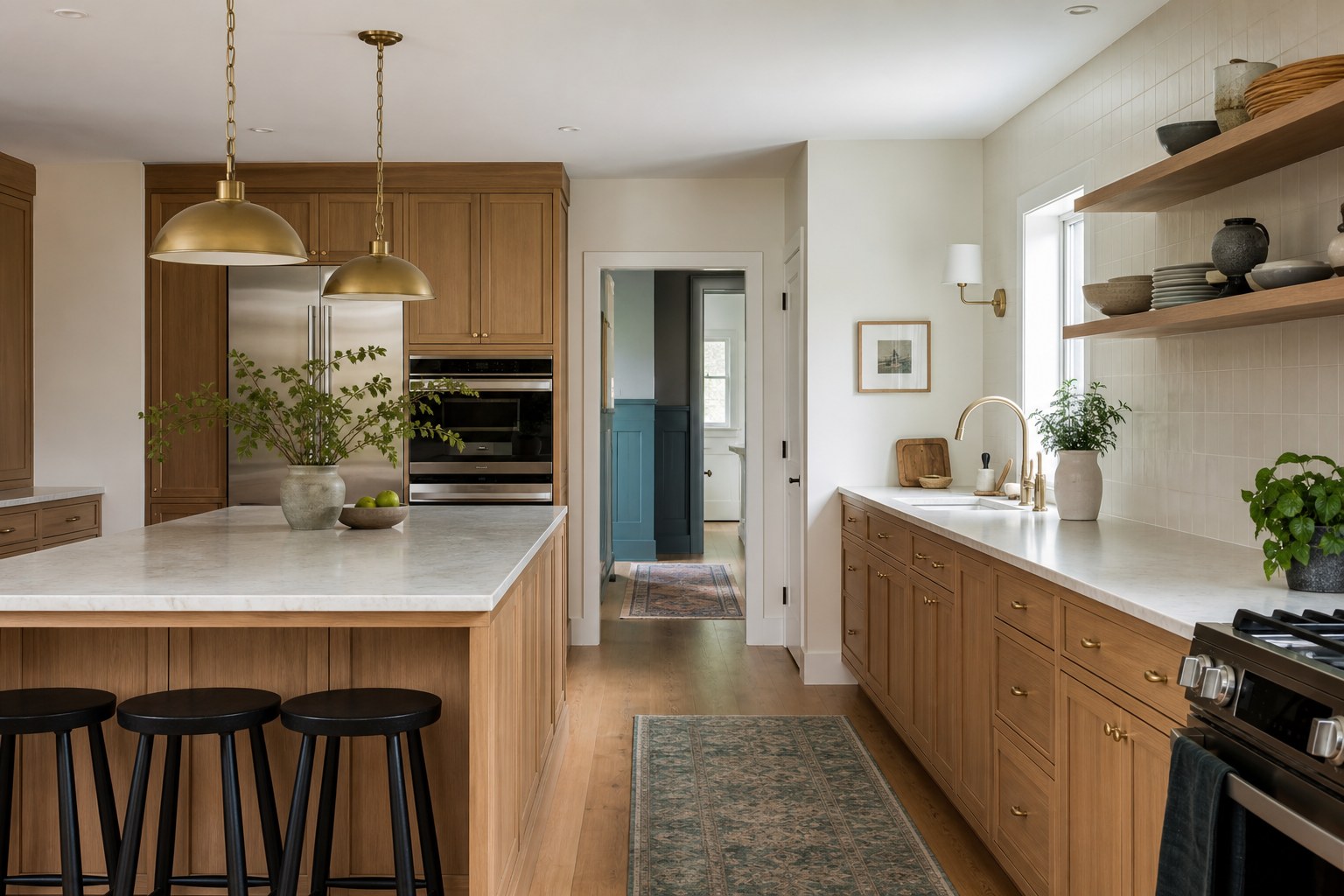 Completed kitchen with wood cabinets, stone counters, and a large island