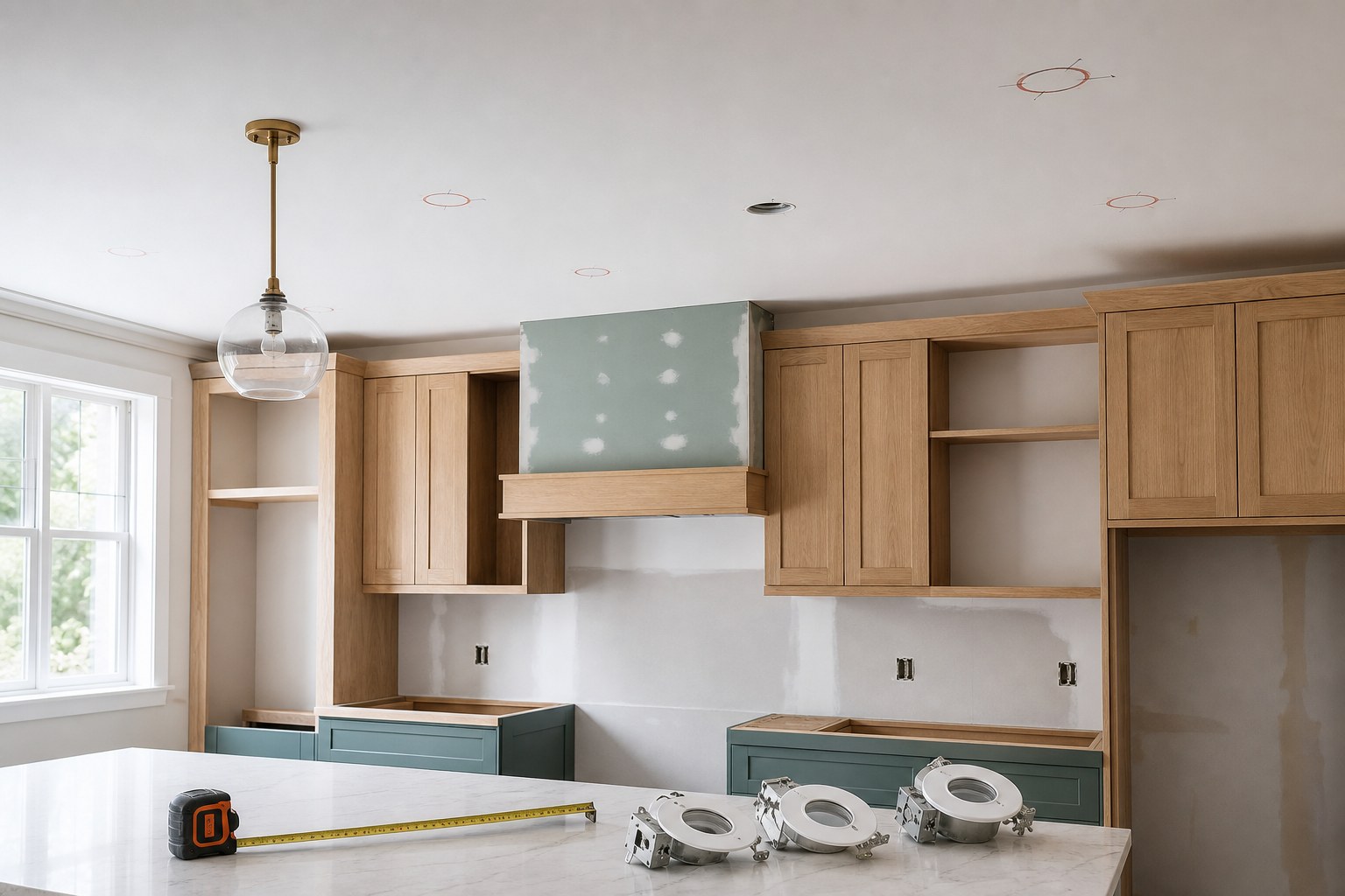 Kitchen renovation in progress with marked recessed lighting locations