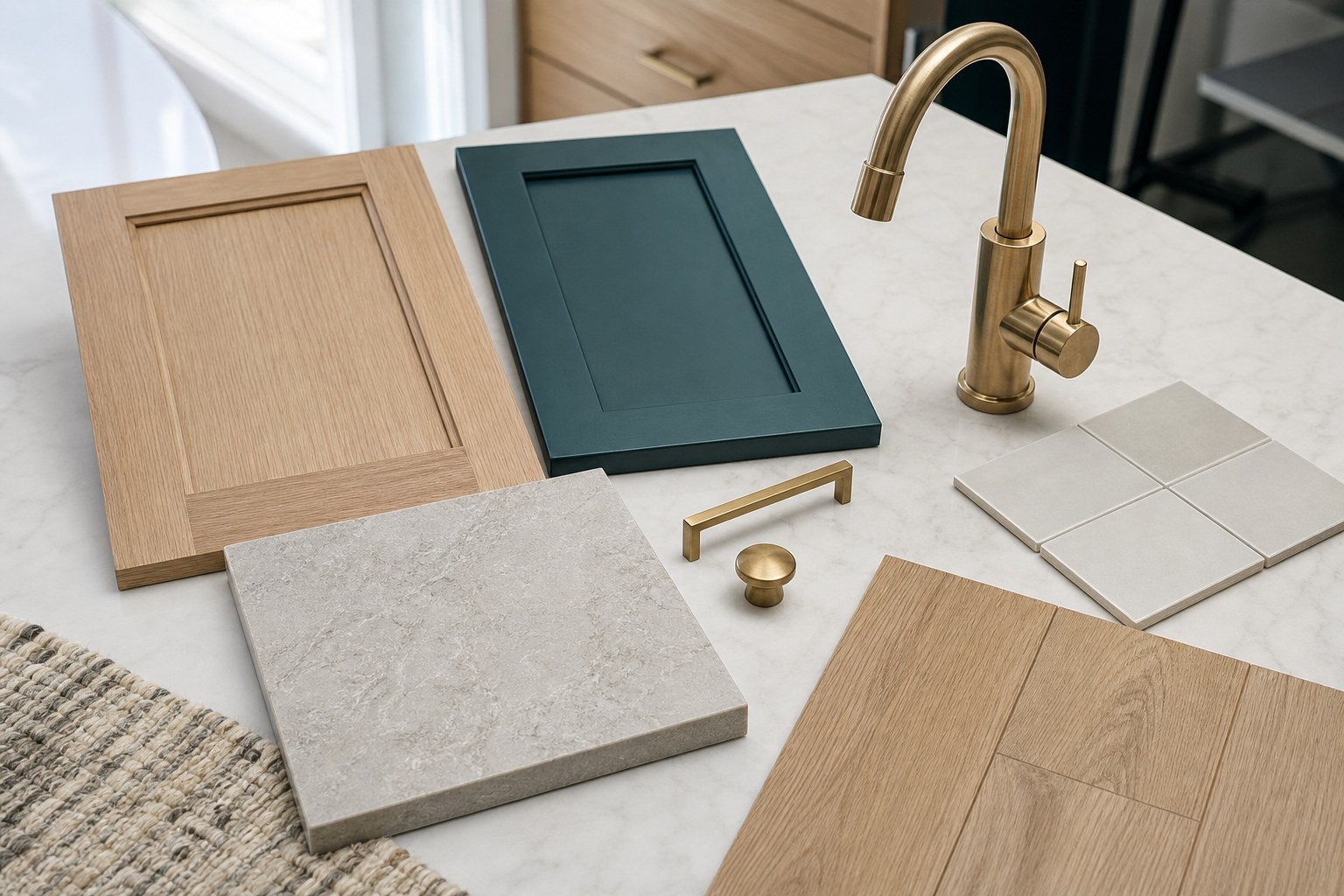 Cabinet, countertop, tile, hardware, and faucet selections for a kitchen remodel