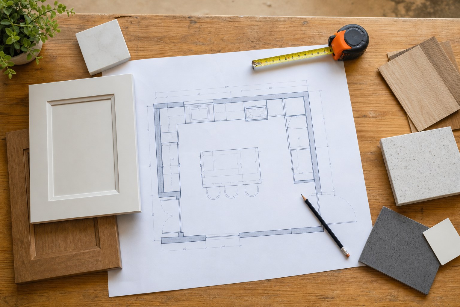 Kitchen renovation floor plan with cabinet and countertop samples