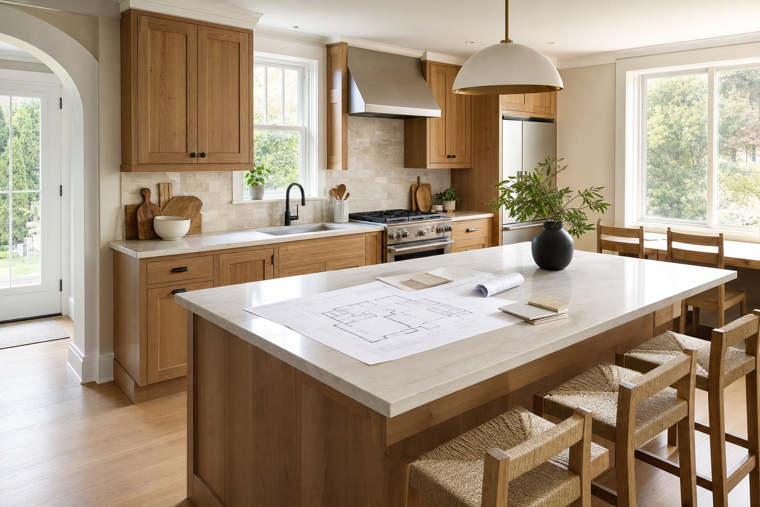 Warm finished kitchen with wood cabinets, a large island, and renovation plans