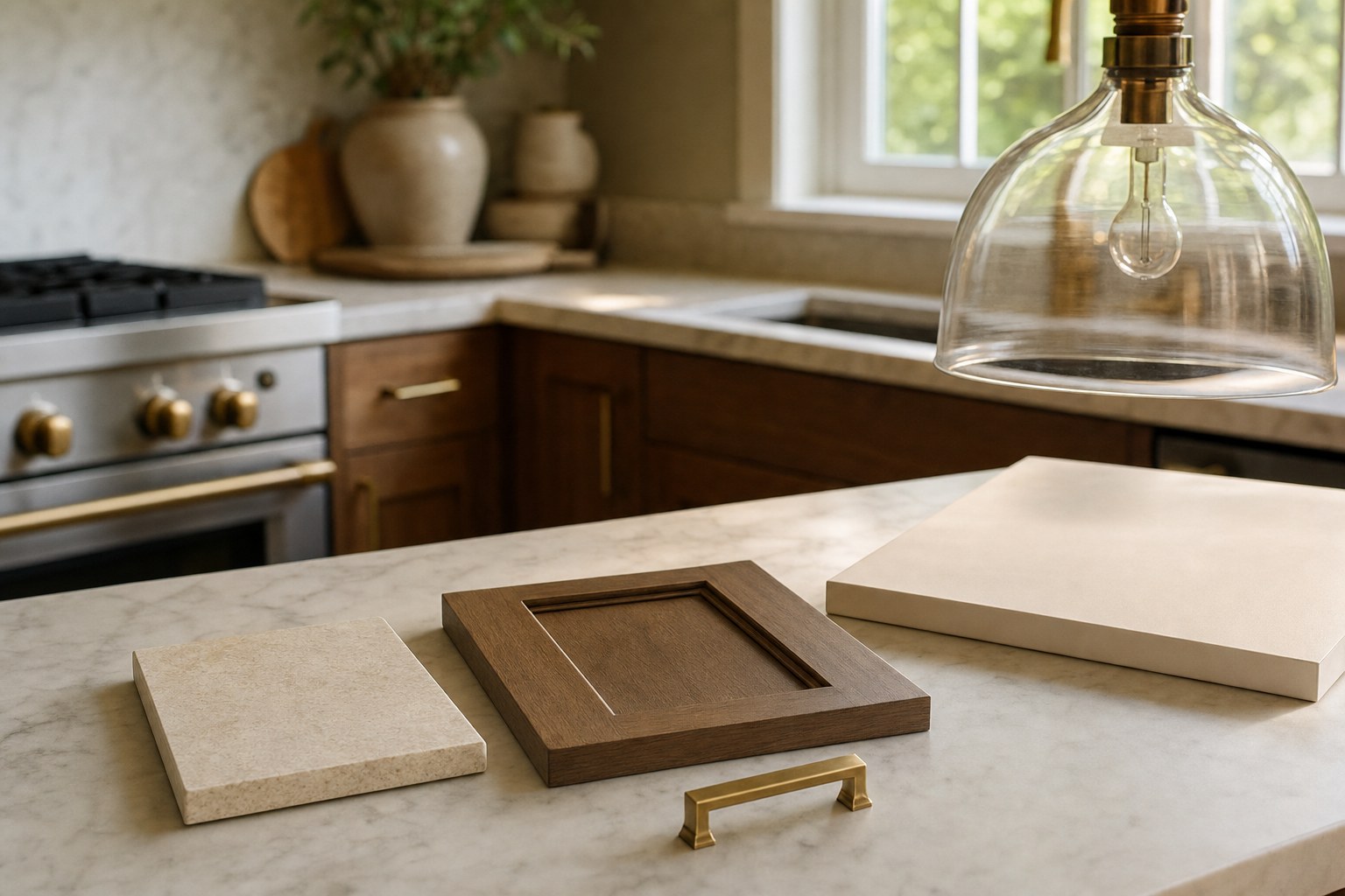 Kitchen cabinet door, hardware, stone samples, and pendant light being considered together