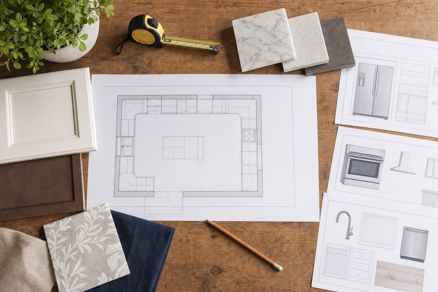 Kitchen plan, appliance drawings, cabinet sample, tile samples, and a tape measure on a worktable