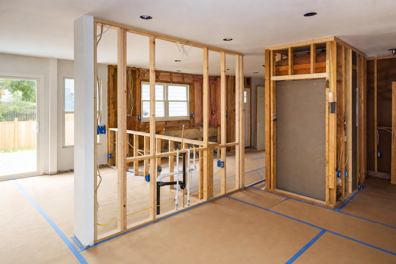 Kitchen under renovation with framing, electrical boxes, plumbing, and floor protection in place