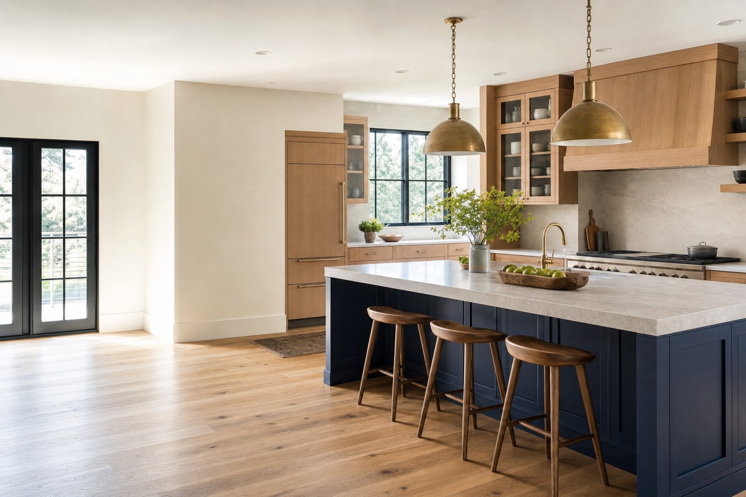 Warm wood and navy kitchen renovation