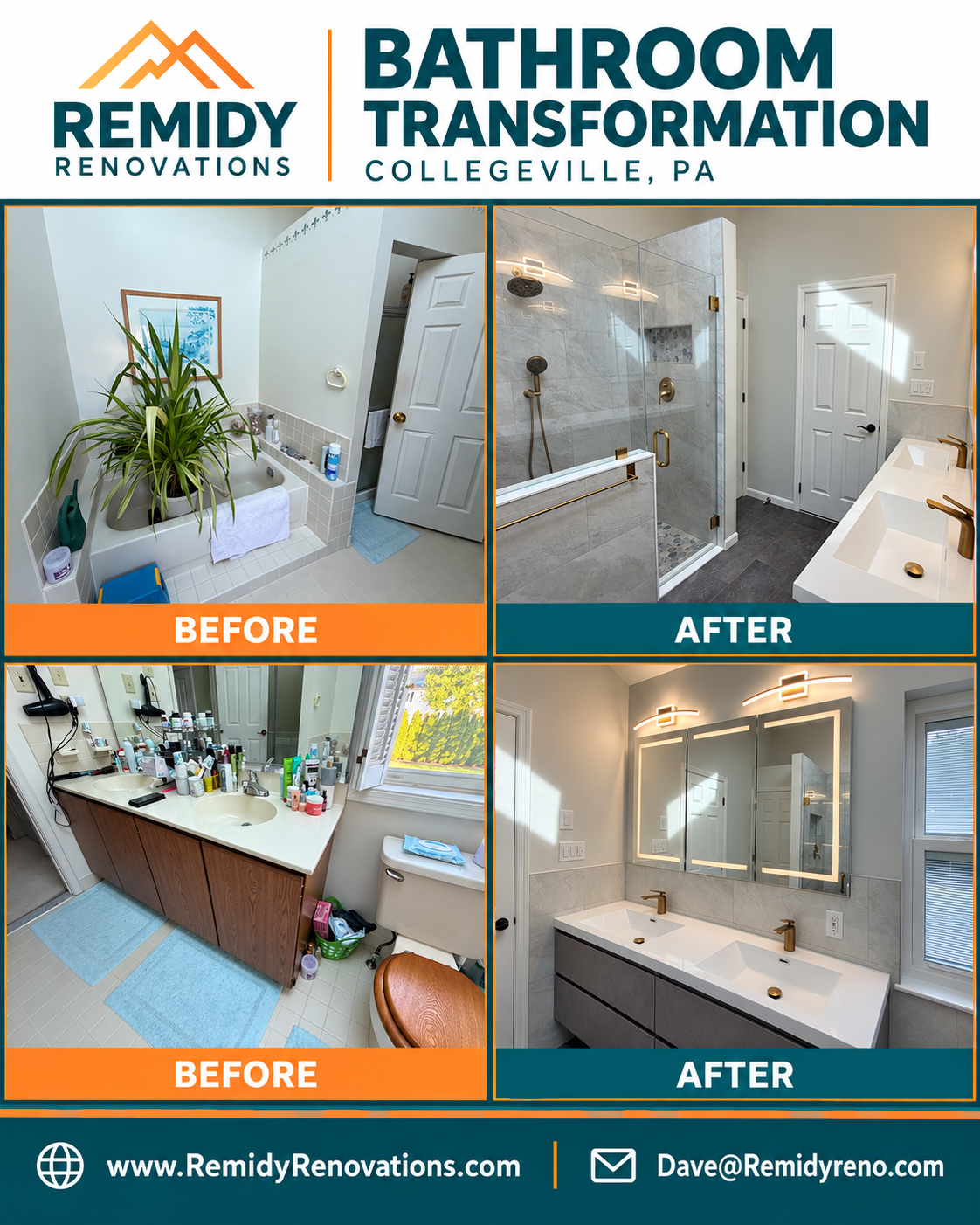 Before-and-after collage of the Collegeville bathroom: the original shower and wood vanity beside the renovated glass-enclosed tiled shower, gray double vanity, and illuminated medicine cabinet