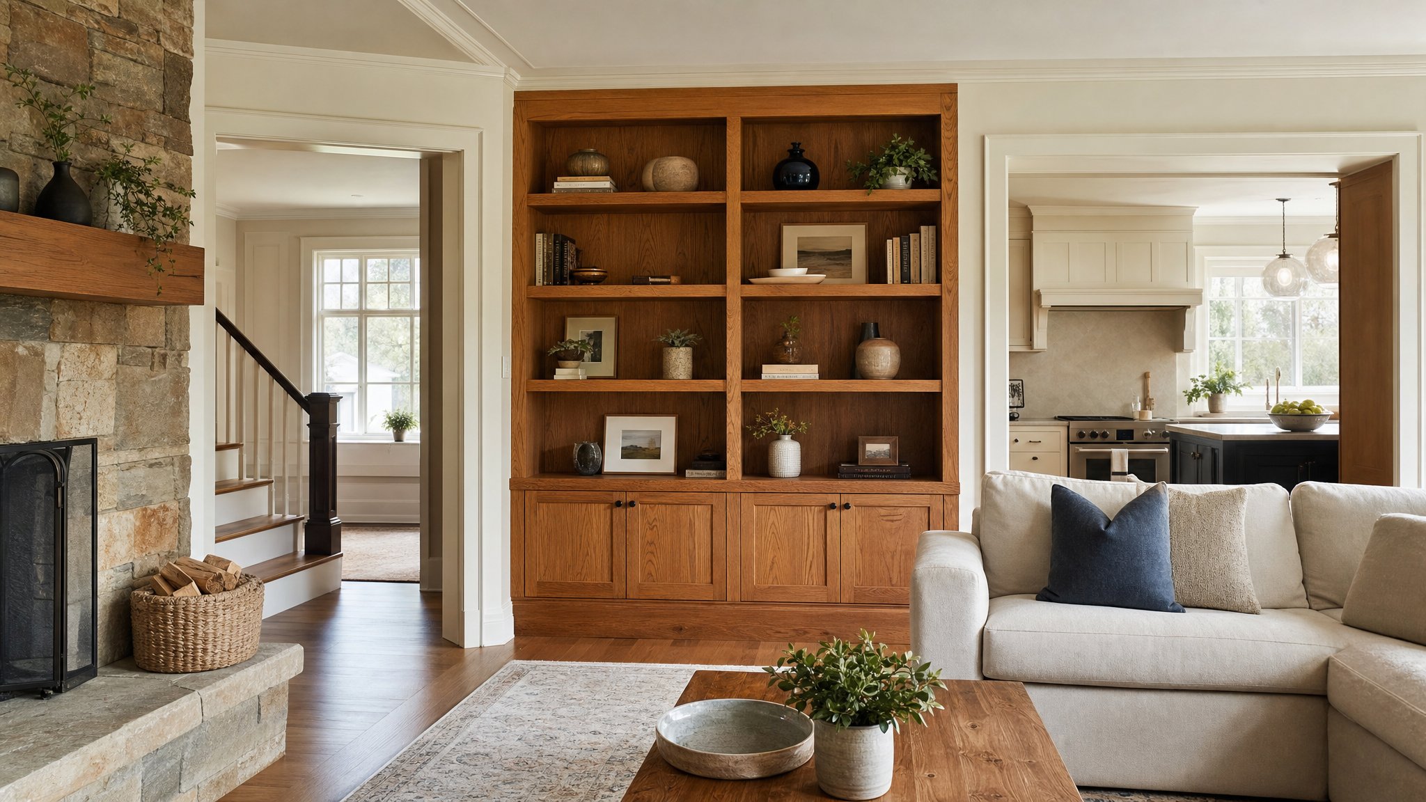 Renovated home interior with an oak built-in, living room, and view into the kitchen