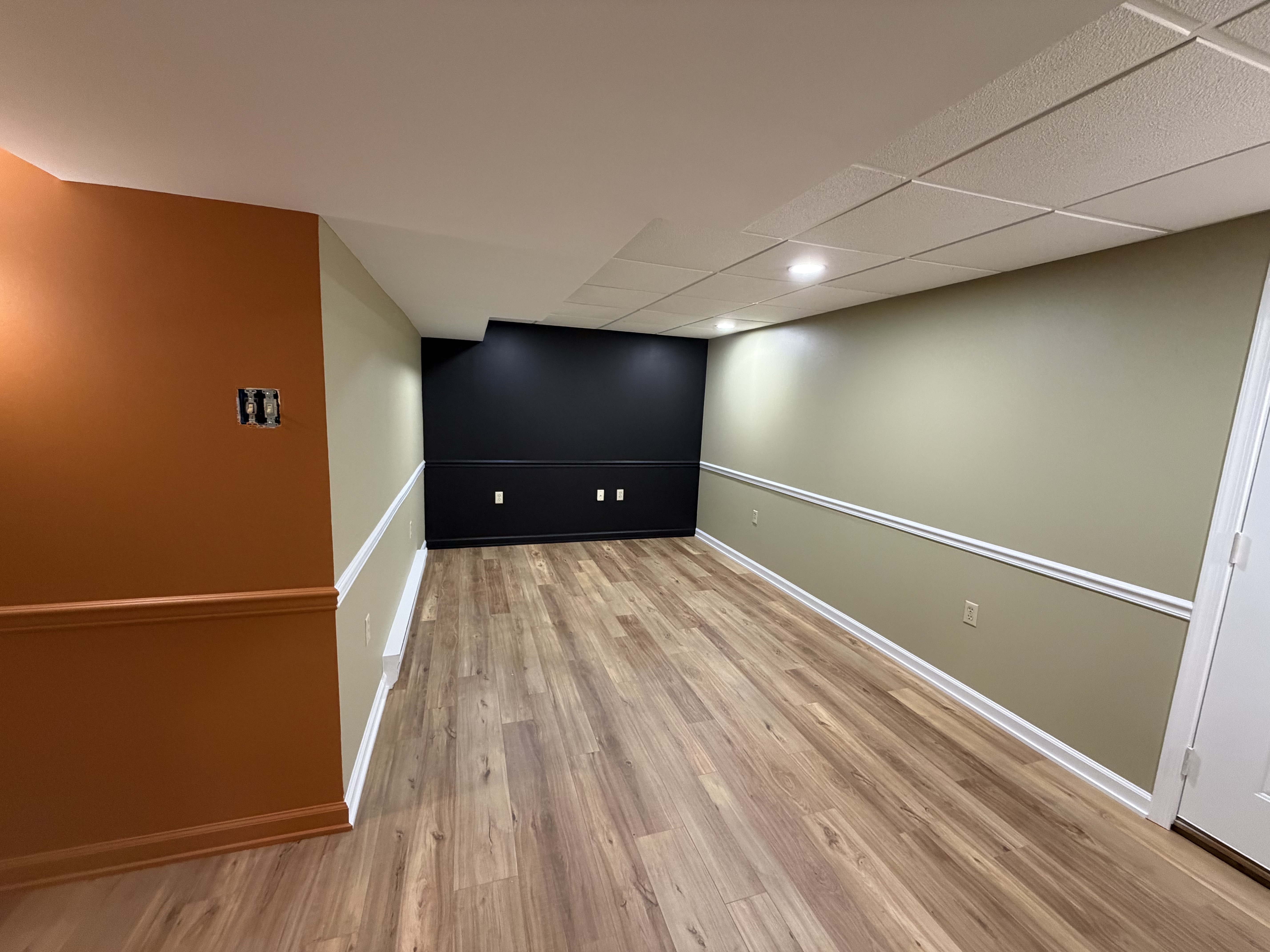 Finished lower-level room with plank flooring, paneled ceiling, and accent walls