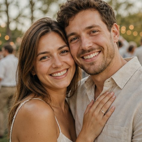 An engaged couple smiling together
