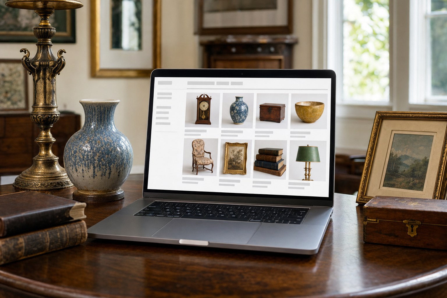 Online auction catalog displayed on a laptop beside vintage furnishings
