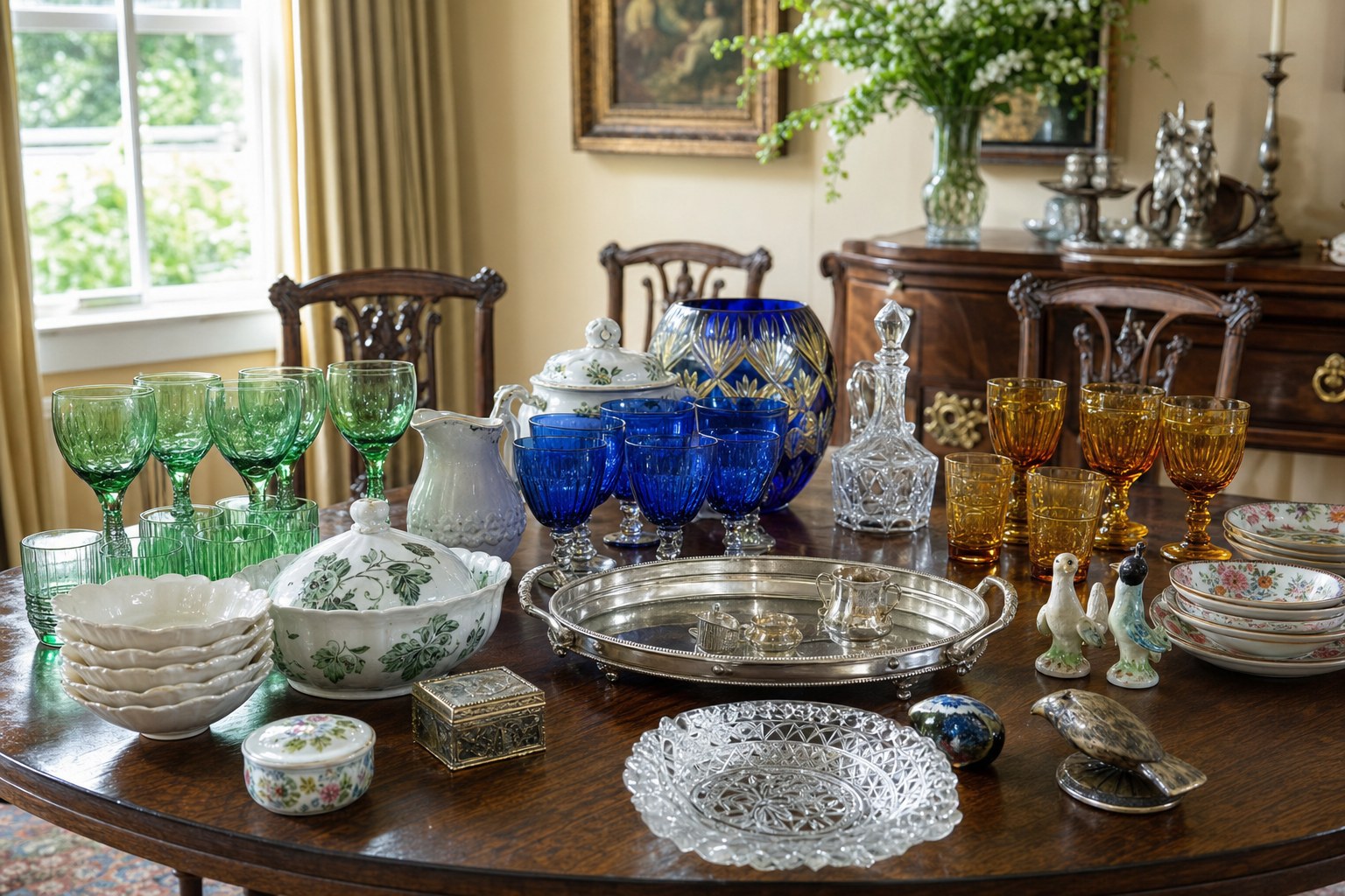 Colorful vintage glassware, porcelain and silver arranged on a dining table