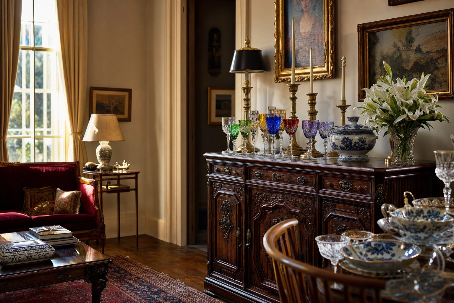 Vintage furnishings, colorful crystal and porcelain arranged in a sunlit home