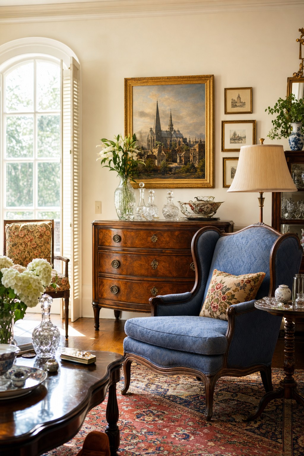 Blue vintage armchair and furnishings staged in a sunlit home