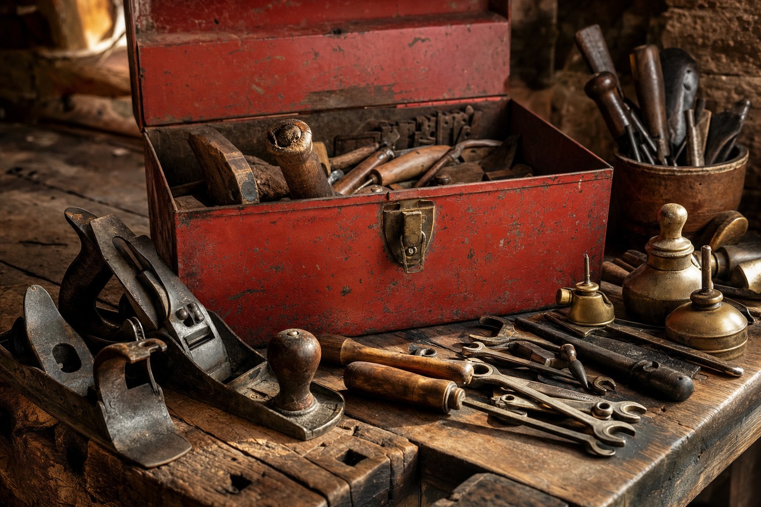 Vintage red toolbox and hand tools arranged on a wood workbench
