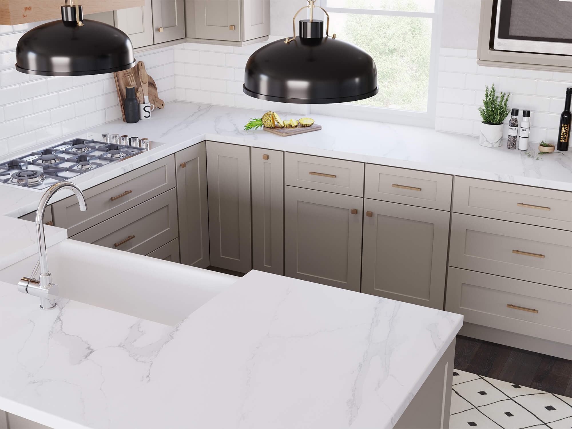Light shaker kitchen cabinetry with finished side panels and coordinated trim
