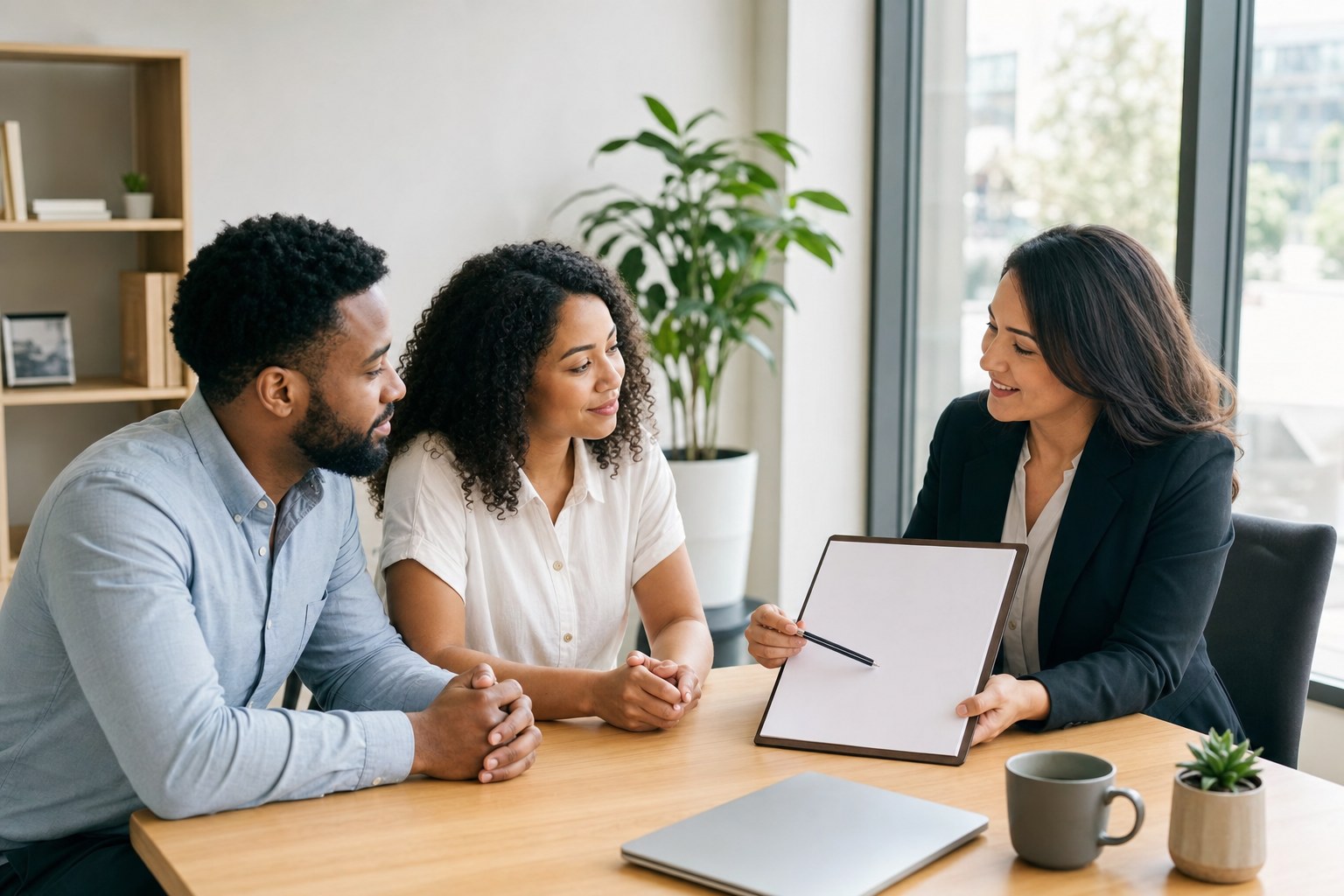 A couple speaking with an independent insurance advisor at a bright office table