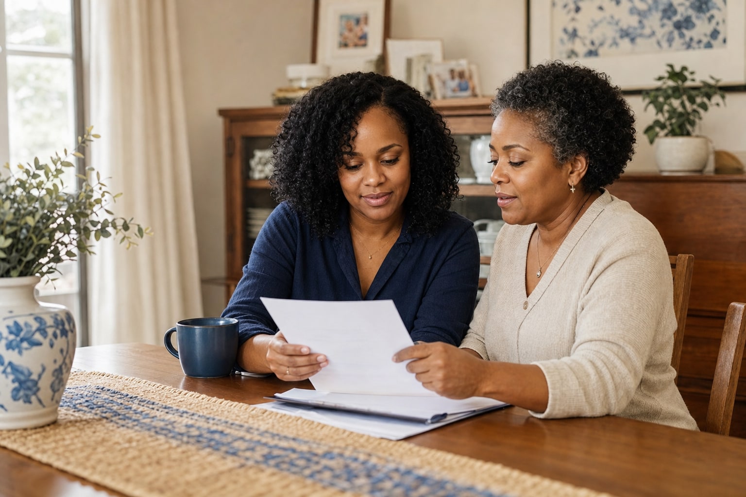 Mother and adult daughter reviewing important paperwork together