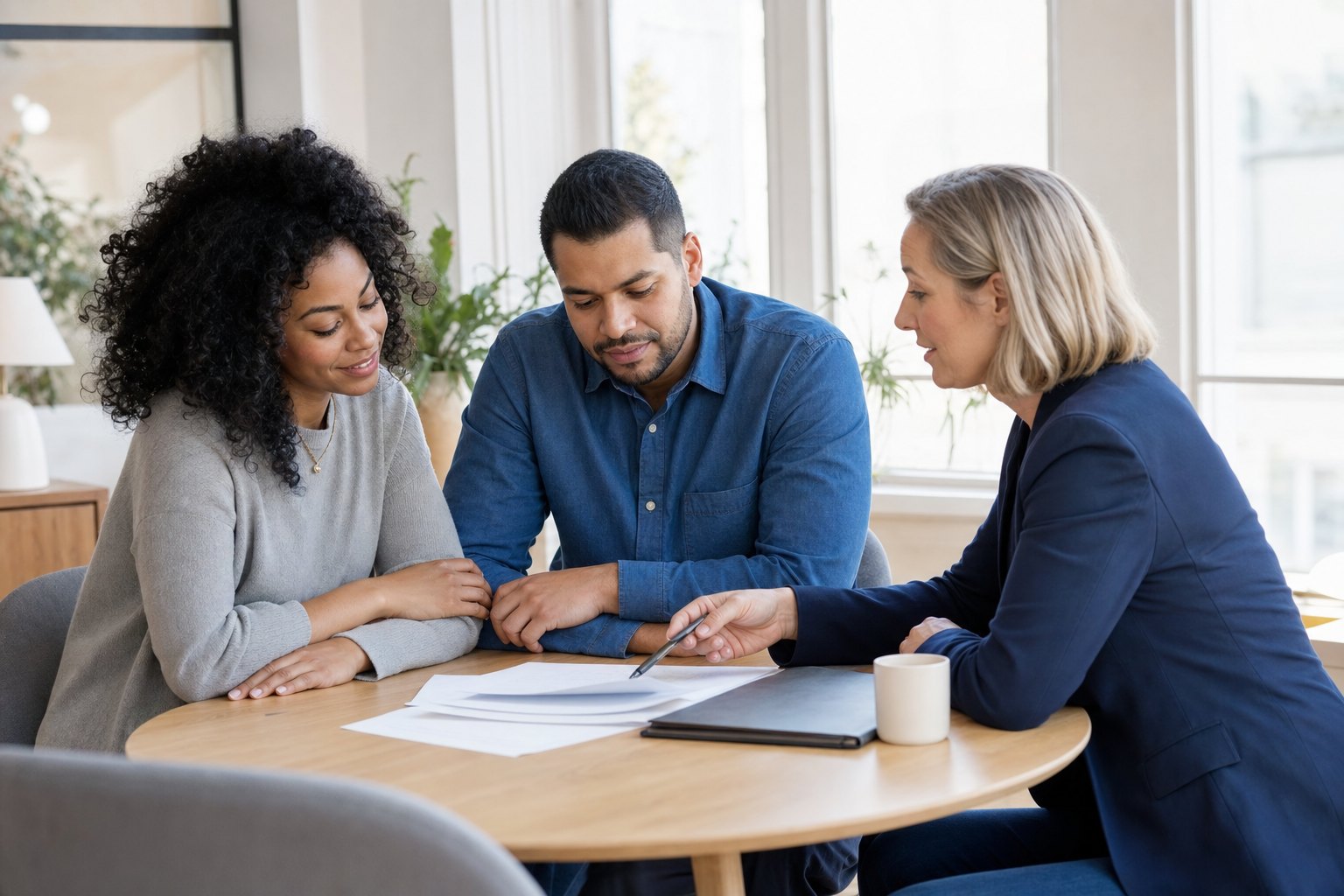 A couple speaking with an independent insurance advisor at a bright office table