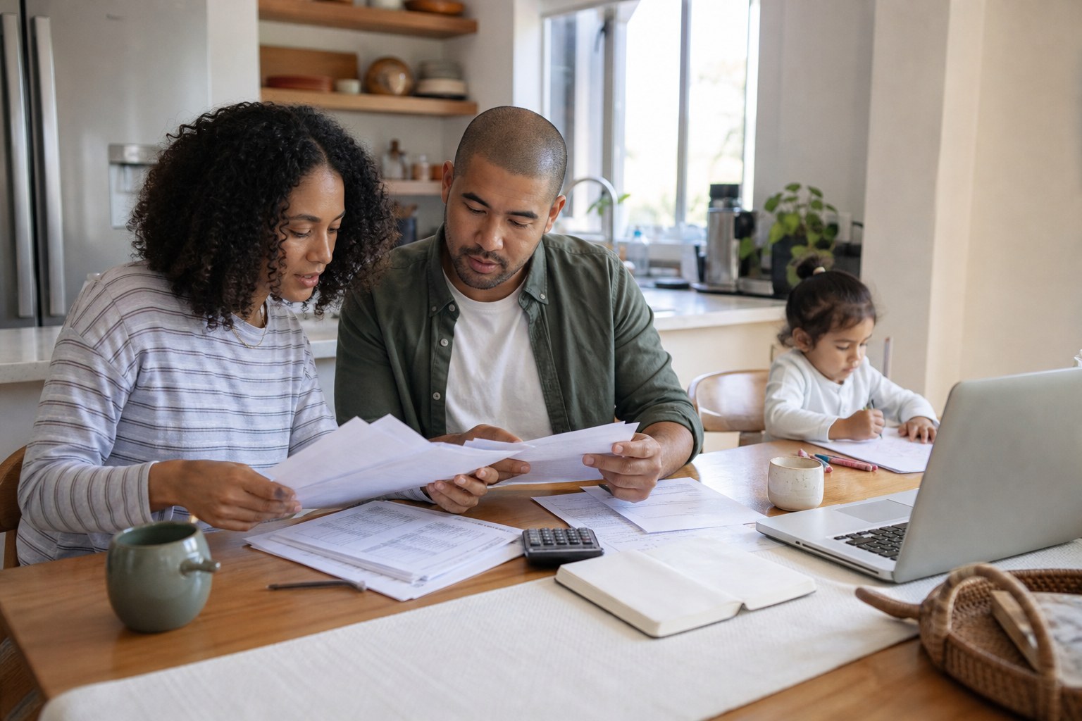 Parents reviewing a household budget and family paperwork at their kitchen table