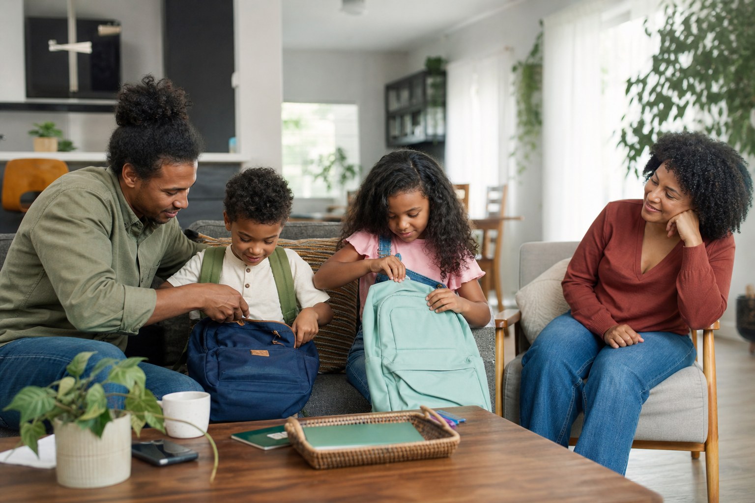 Parents helping their children prepare backpacks at home