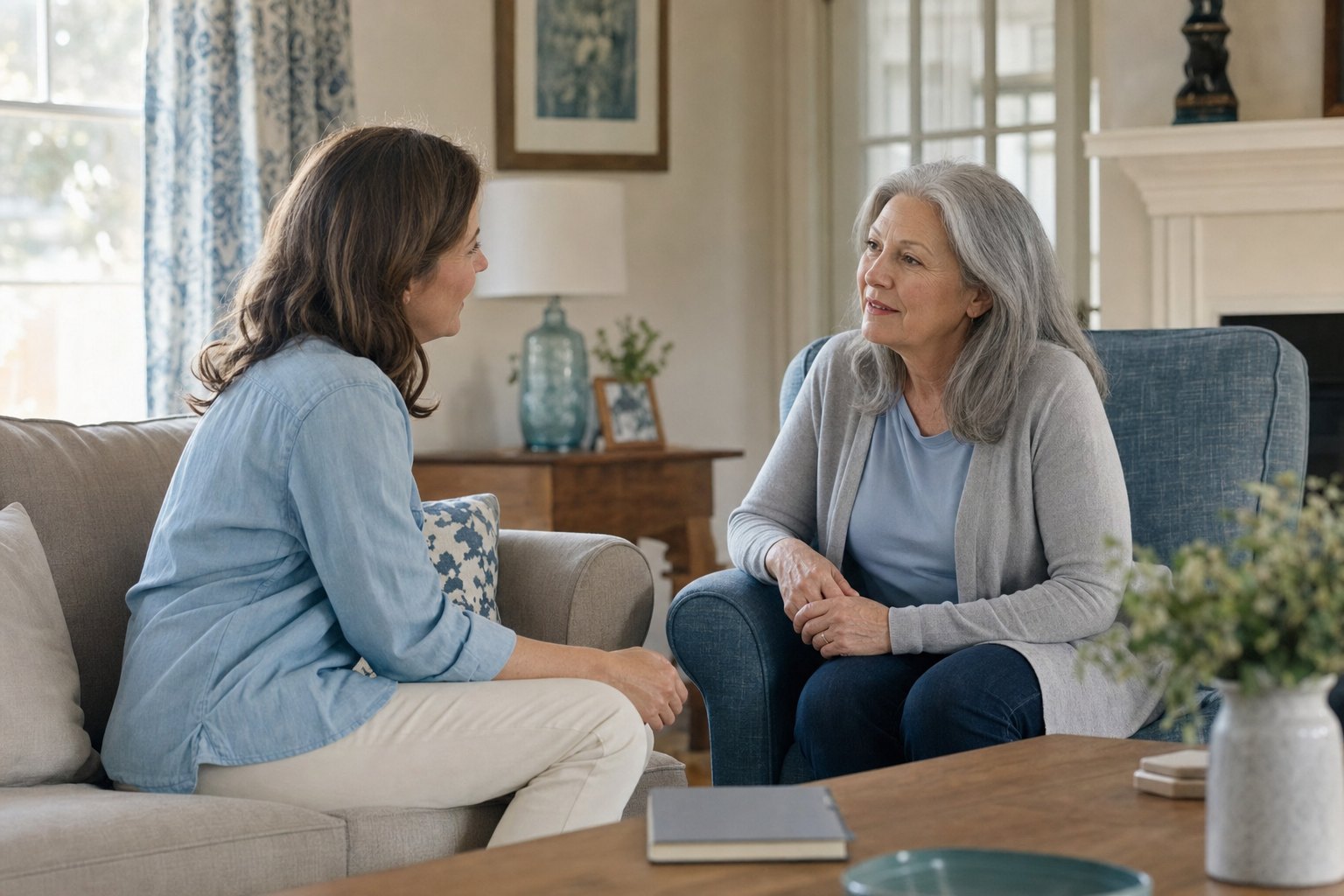 An adult daughter and her older mother having a thoughtful conversation at home