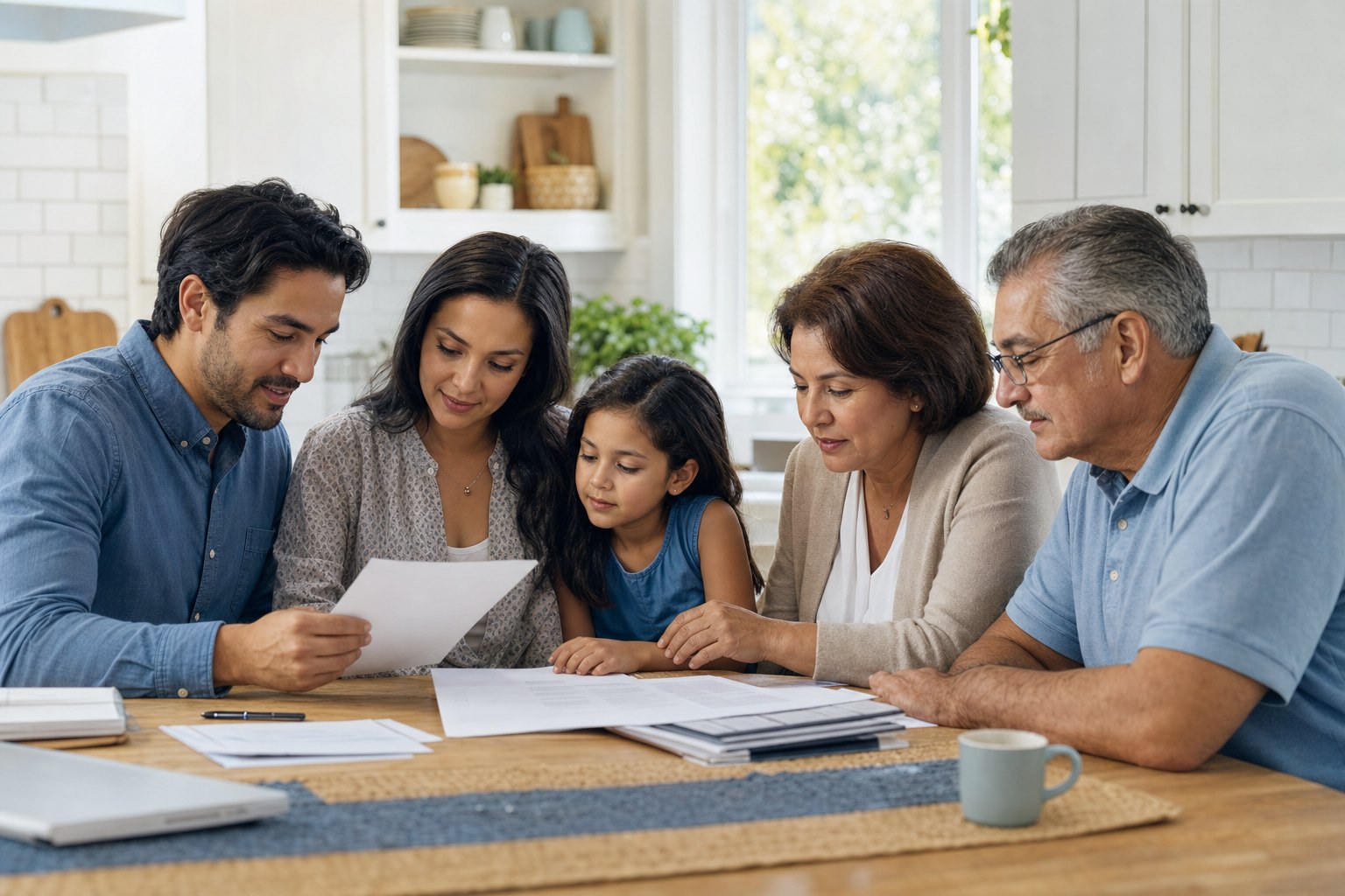 A family reviewing important paperwork together at their kitchen table