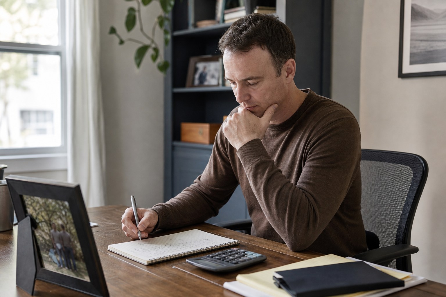 An adult reviewing household planning notes and a calculator in a home office