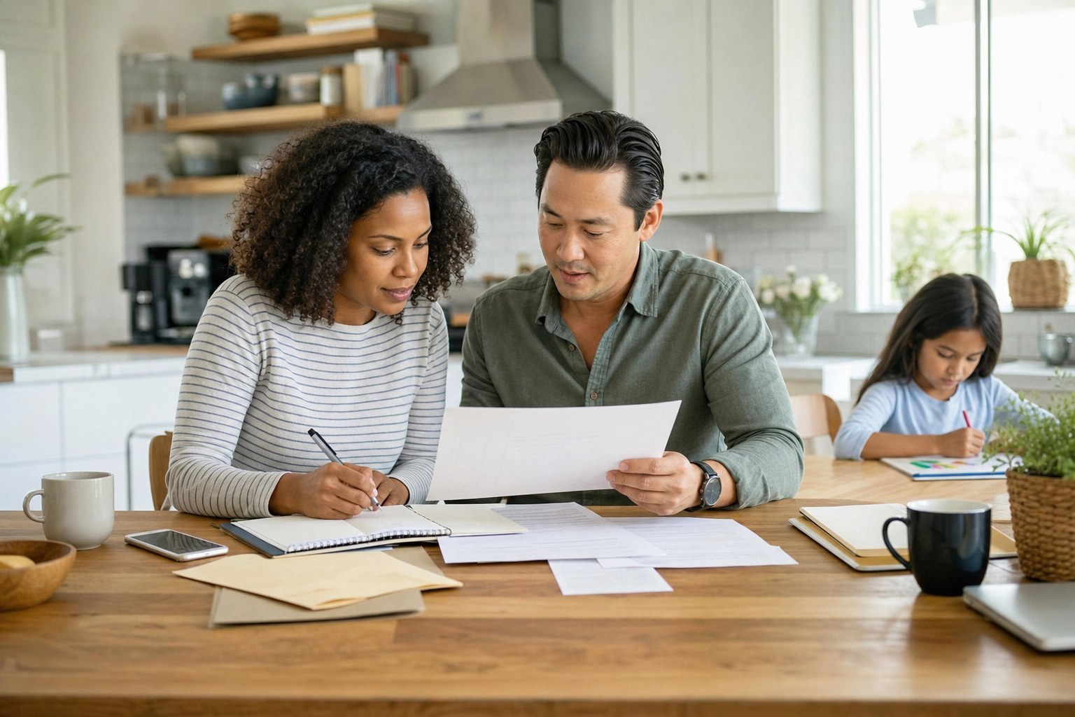 Parents reviewing household paperwork while their child draws nearby