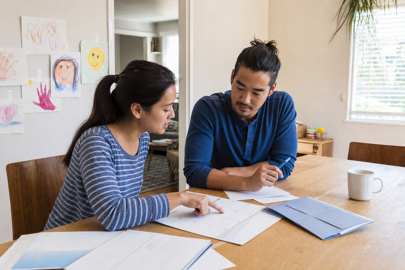 Parents planning household priorities together at their dining table