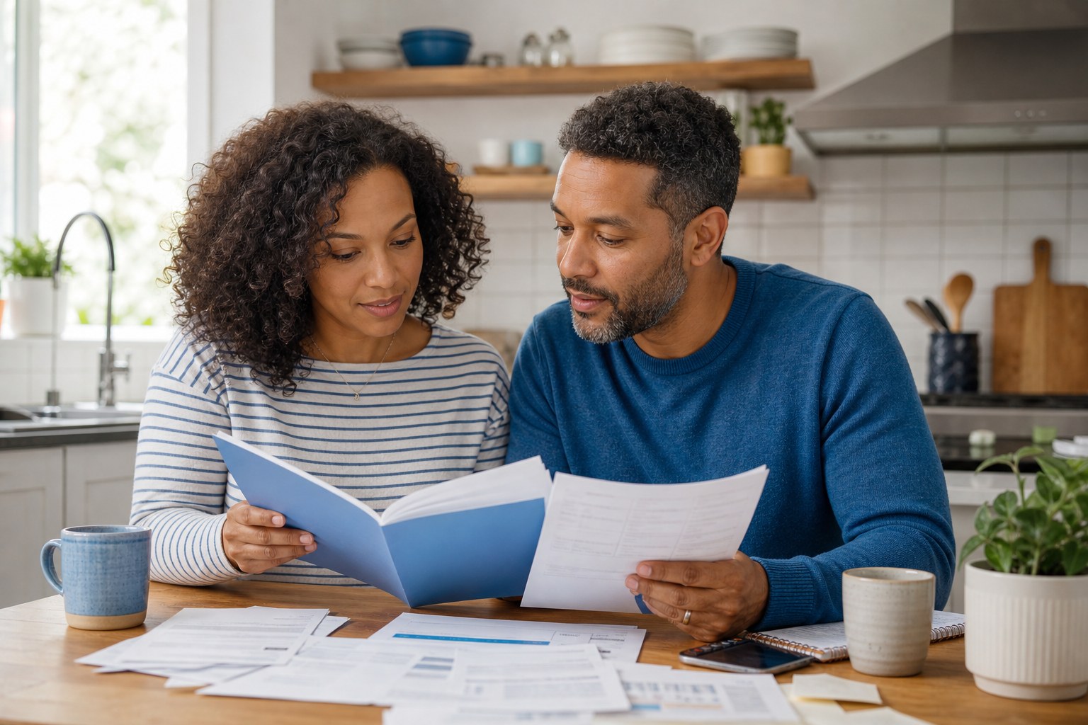 Couple reviewing workplace benefits paperwork at their kitchen table