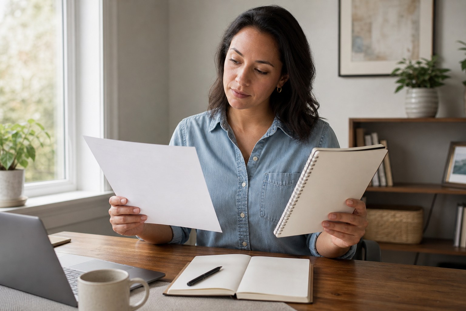 Woman comparing benefits paperwork with her household planning notes