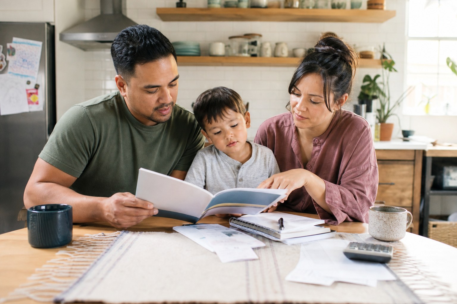 Parents and their child reviewing household paperwork at a kitchen table