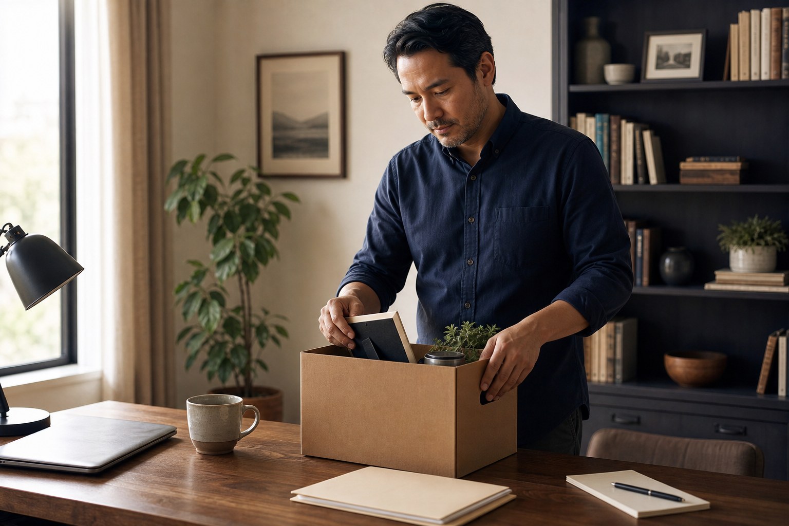 Man packing a desk box during a career transition
