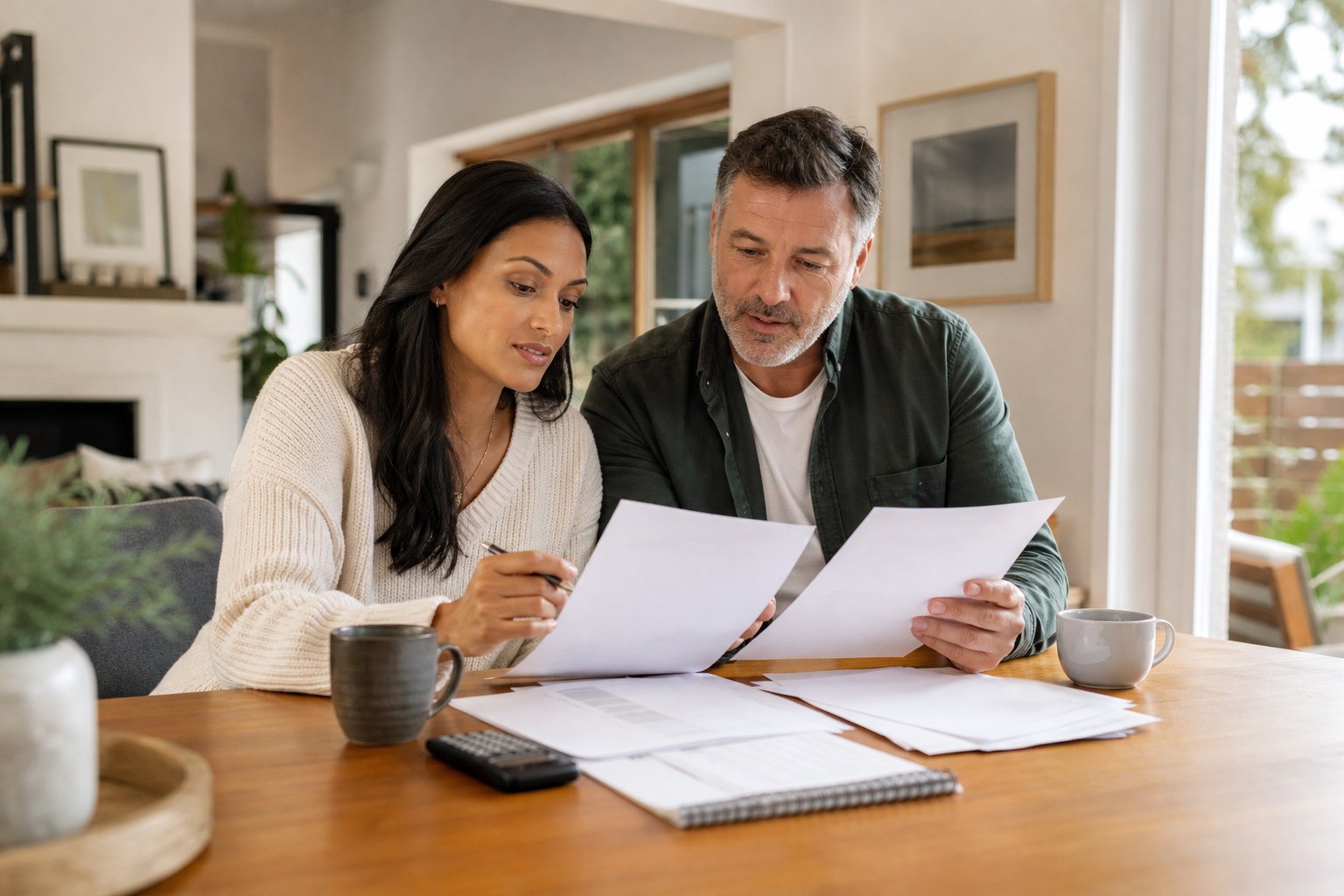 Couple reviewing household budget papers together at home
