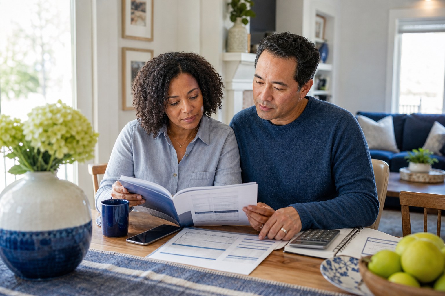 Couple reviewing workplace benefits and household paperwork together